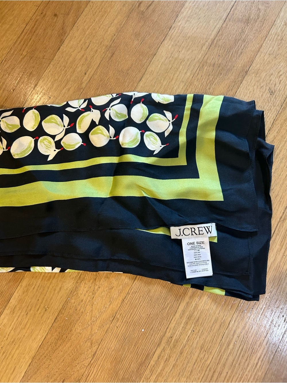 J. Crew Black Scarf with Lime Green & White Fruit Print